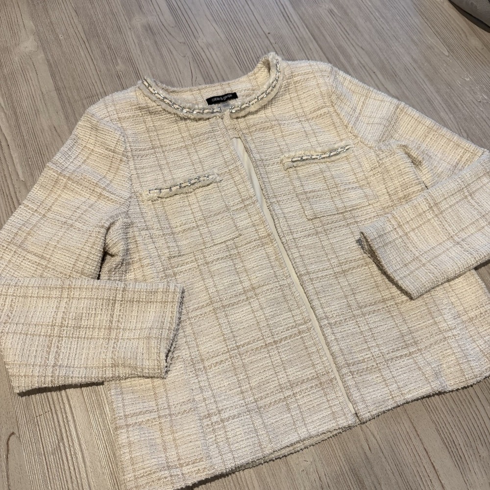 VINTAGE White Beige Tweed LARGE Embroidered Blazer Jacket Hook Eye Office Cotton